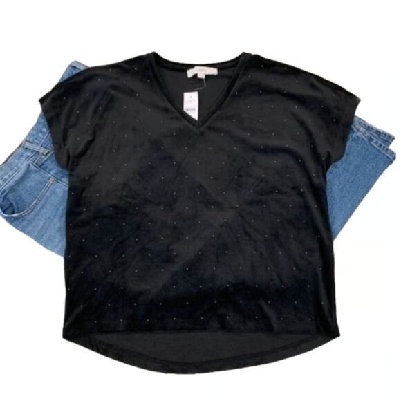 NWT LOFT Black Studded Luxe Velvet V-Neck Short Sleeve Top - Picture 1 of 10